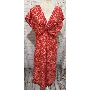 Lands End red floral print V-neck midi dress short sleeves Large Petite